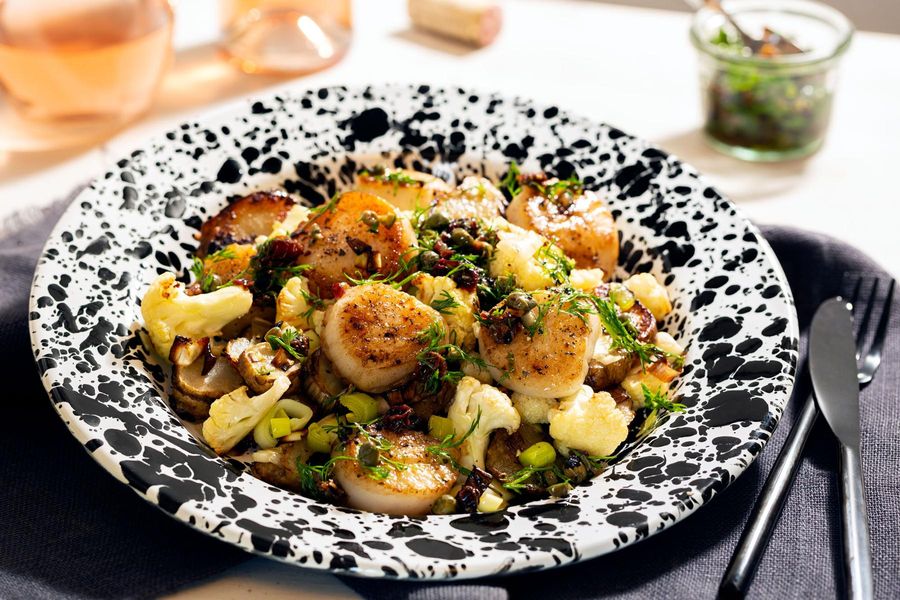 Sea scallops with roasted cauliflower and caper-raisin tapenade