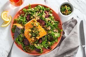 King salmon with farro-beet salad and citrusy walnut gremolata
