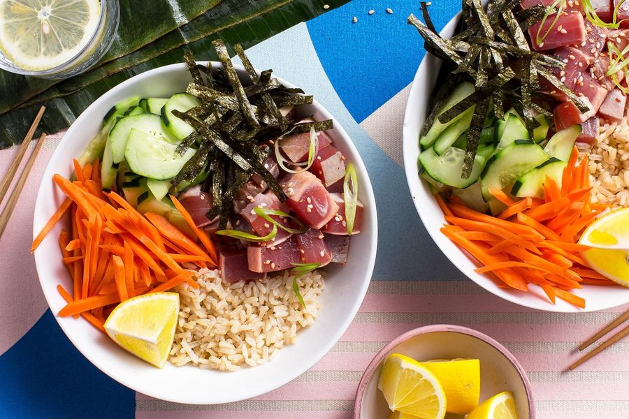 Hawaiian poké bowls with albacore tuna, brown rice, and nori