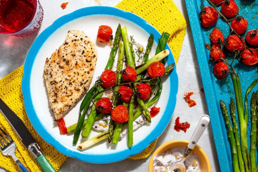 Roasted lemon-pepper chicken and asparagus with yogurt-feta smear