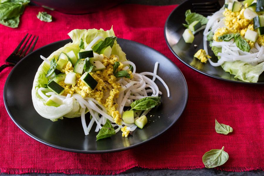 Lemongrass-tofu lettuce cups with cucumber salad and rice noodles