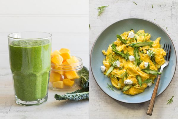 Kale-mango smoothies with turmeric & Asparagus and goat cheese scramble