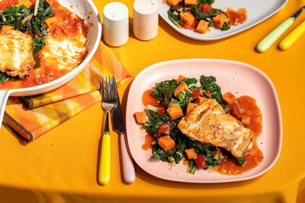 Tomato-braised chicken with sweet potato and chard