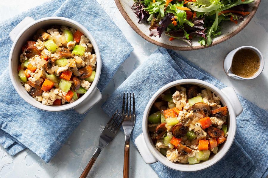 Crustless chicken pot pie with mushrooms and carrots