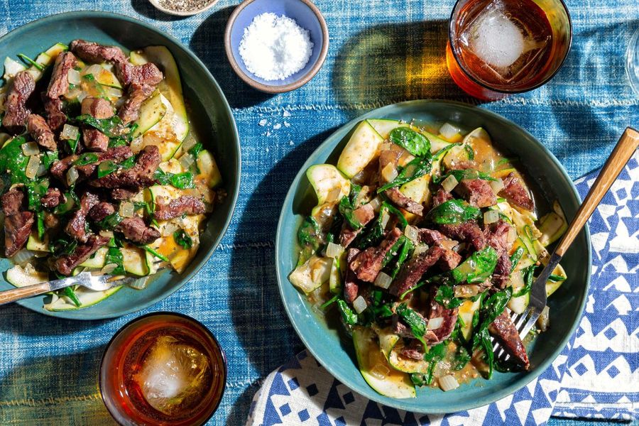 Beef stroganoff and spinach over zucchini “noodles”