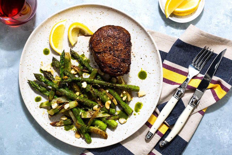 Moroccan-spiced filet mignons with roasted spring vegetables and chermoula