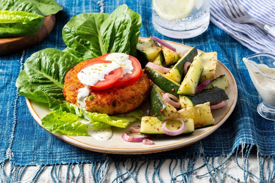 Lettuce-wrapped salmon burgers with lemon-dill mayo