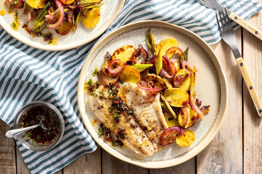 Sole with caramelized onions, potatoes, and sun-dried tomato za’atar