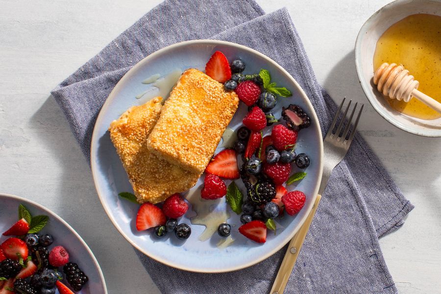 Sesame Fried Feta with Fresh Berries and Mint
