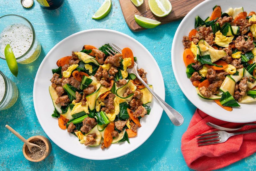 Thai turkey pad see ew with “zoodles” and leafy greens