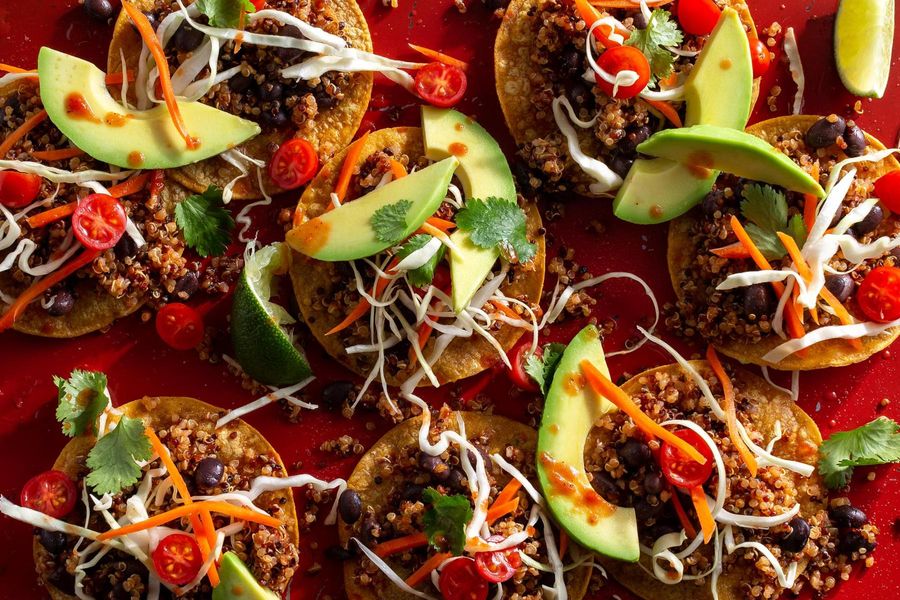 Southwestern quinoa–black bean tostadas with cabbage slaw and avocado