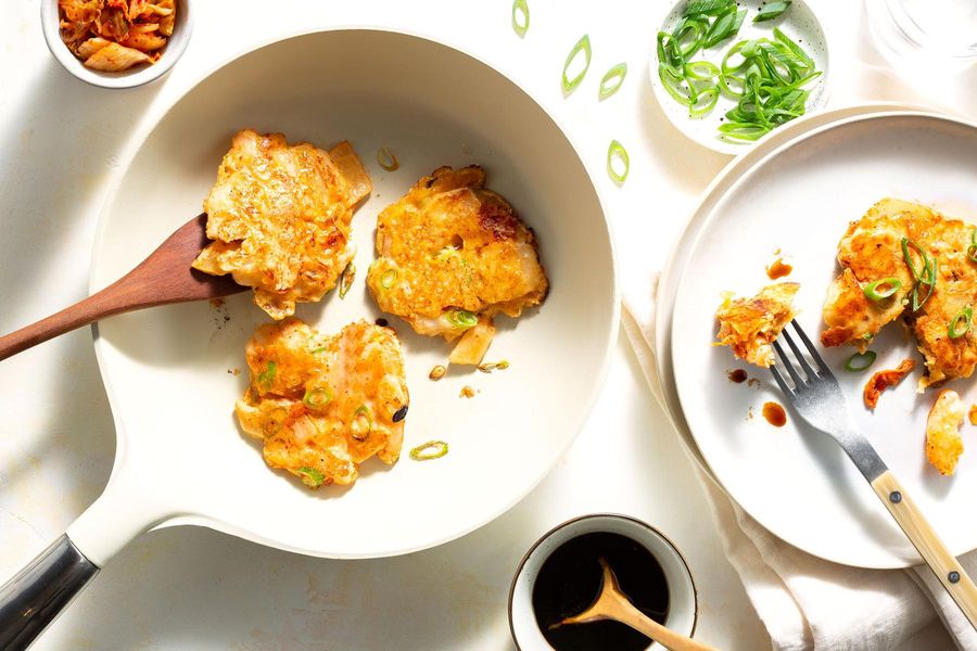 Shrimp-scallion pancakes with kimchi and cheddar