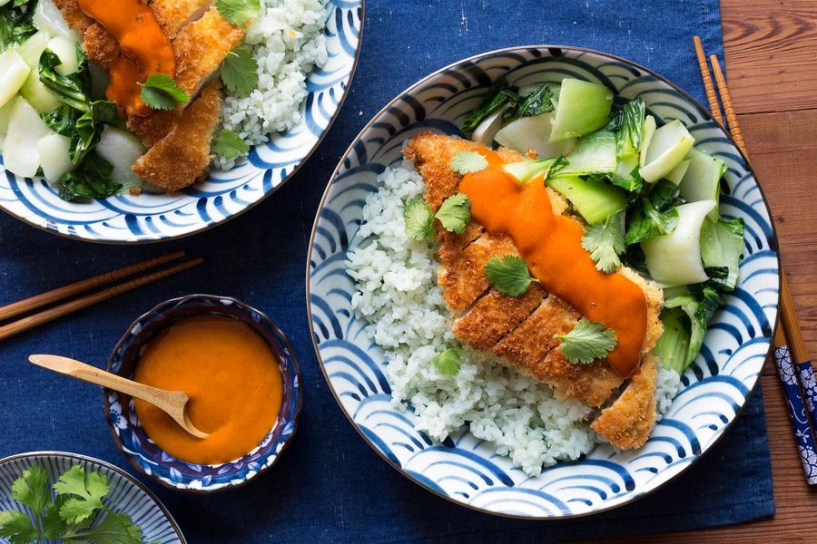 Chicken katsu with gingered greens and spicy chile mayo