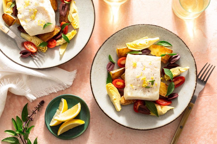 Mediterranean-style halibut with artichoke hearts and Kalamata olives