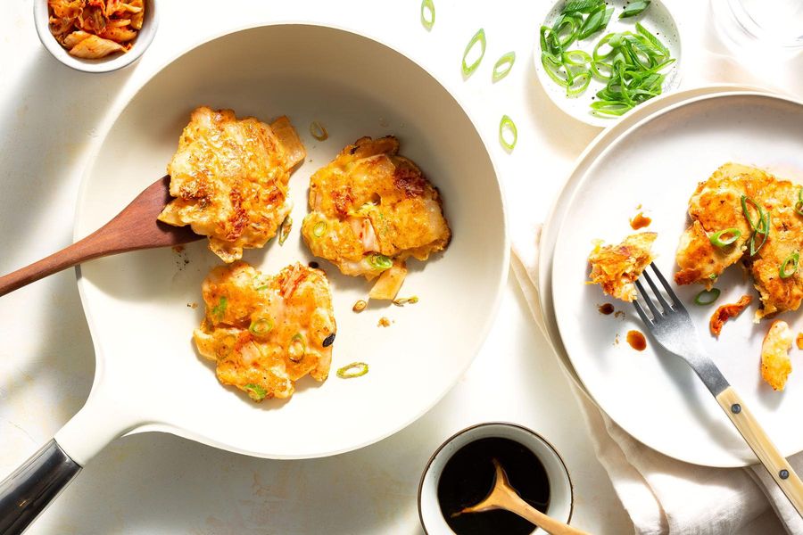 Shrimp-scallion pancakes with kimchi and cheddar