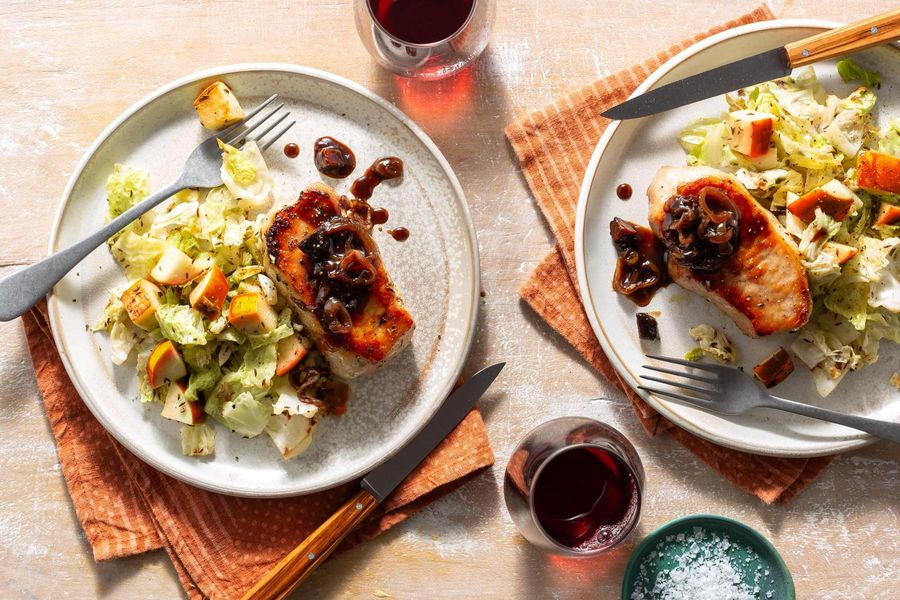 Pork chops with fig agrodolce and caraway cabbage