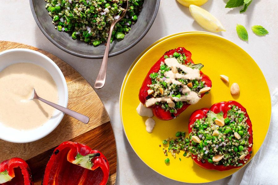Stuffed bell peppers with quinoa tabbouleh and tahini-yogurt dressing