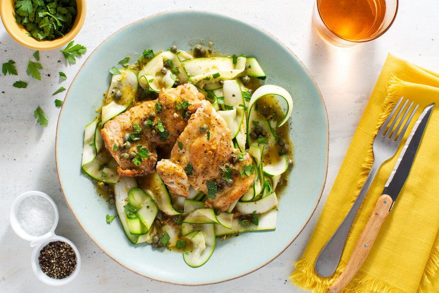 Chicken piccata over zucchini “noodles”