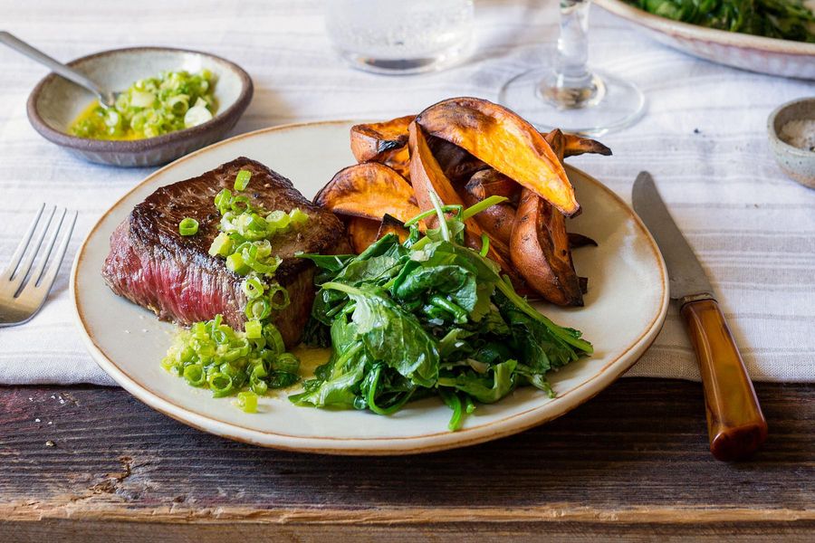 Steak and roasted sweet potato with scallion-ginger relish
