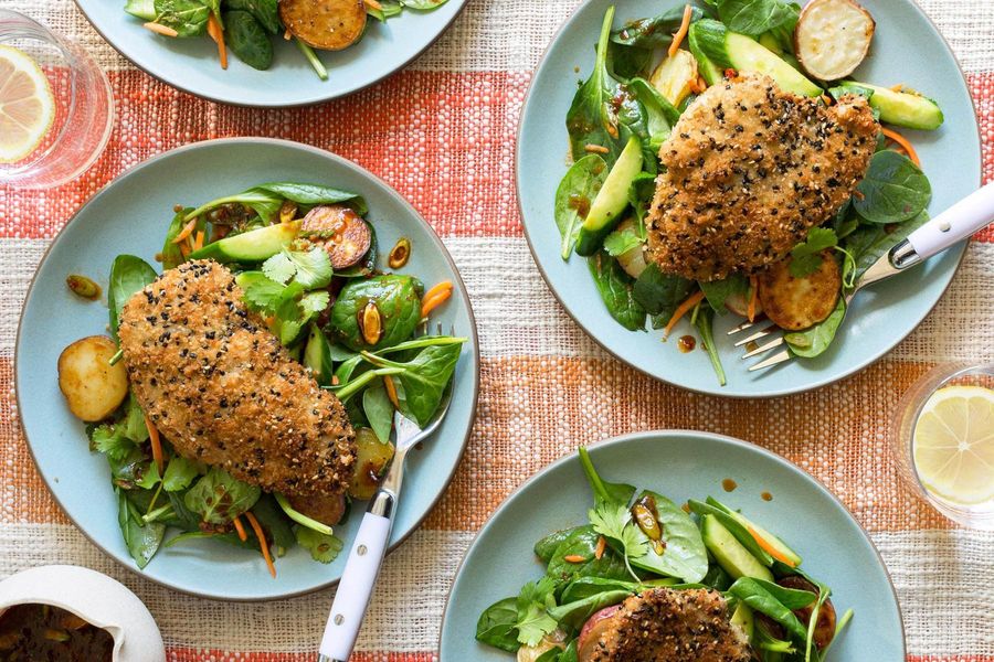 Sesame-crusted chicken with roasted new potato salad