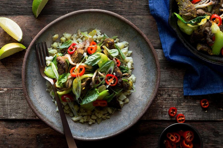 Lemongrass steak stir-fry with bok choy and basil