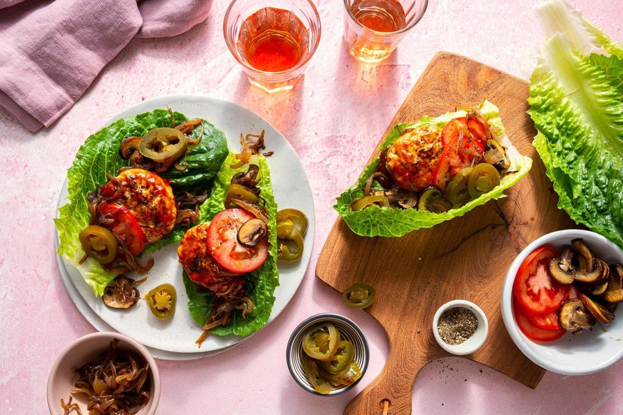 Lettuce-wrapped turkey “sliders” with BBQ glaze and caramelized onions