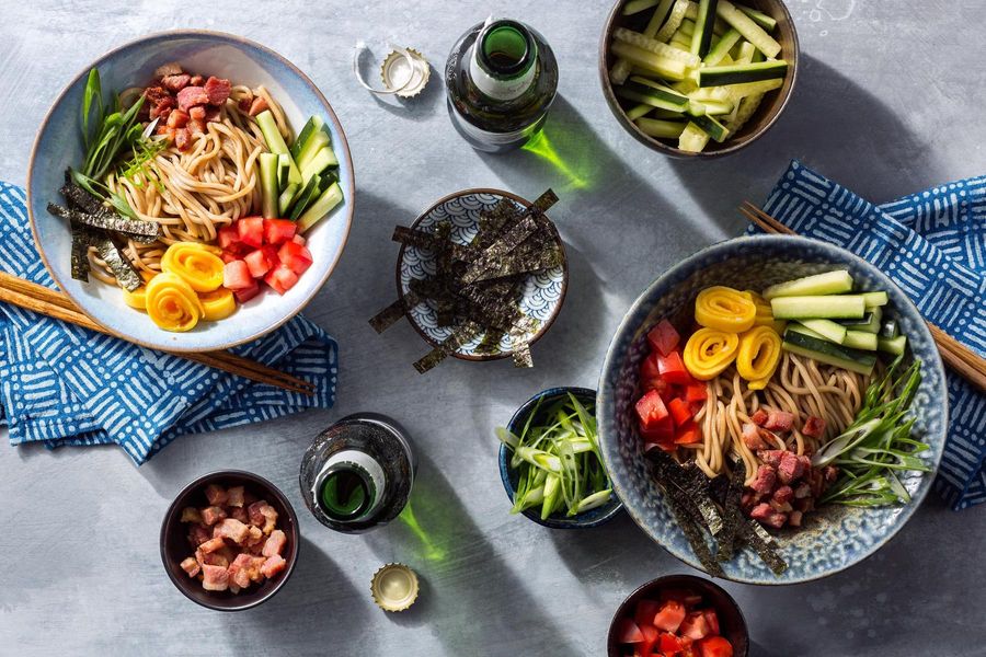Hiyashi chuka ramen bowls with egg ribbons and crispy pancetta
