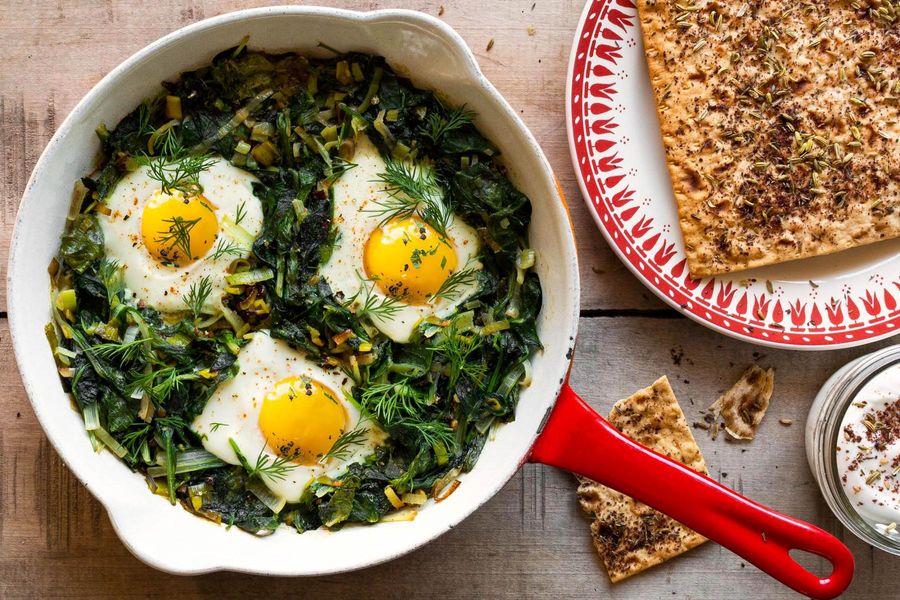 Shakshuka with greens and seeded lavash
