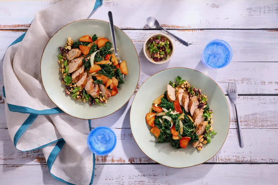 Chicken sausages and olive tapenade with sautéed kale and sweet potato