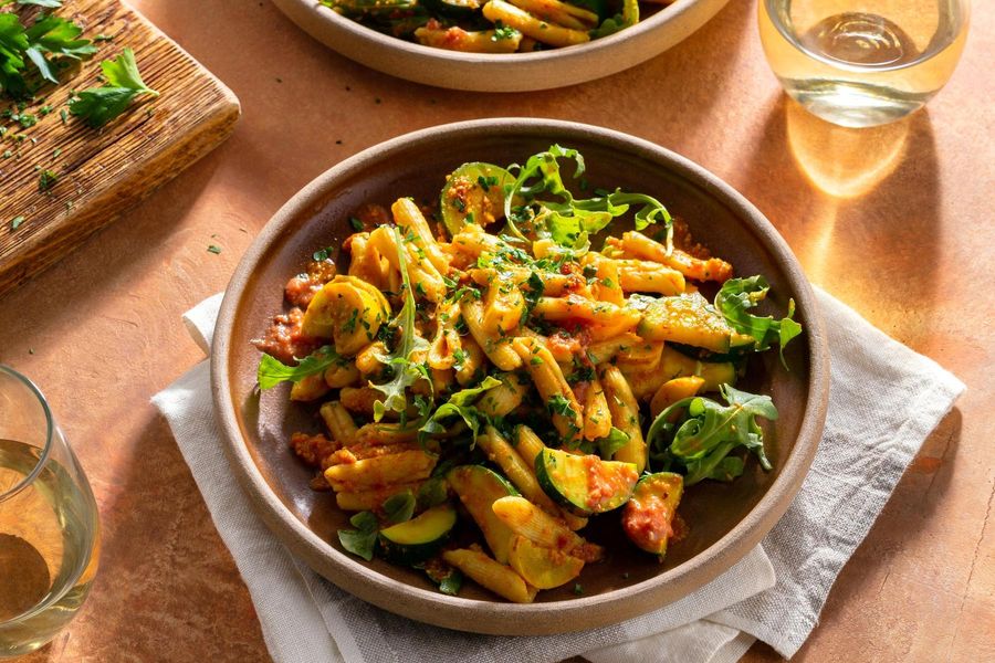 Fresh cavatelli and summer squash with pesto alla trapanese