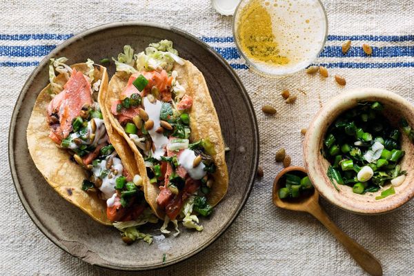 Seared salmon tacos with asparagus-scallion salsa and lime yogurt