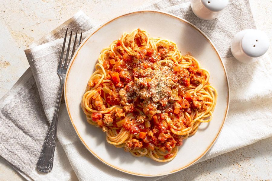 Turkey Bolognese over spaghetti