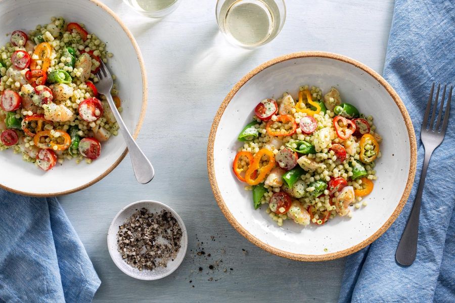 Mediterranean shrimp and couscous salad with green goddess dressing