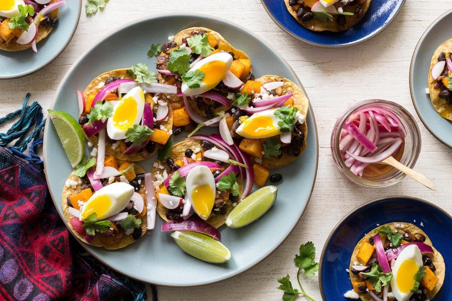 Black bean tostadas with quick pickles and soft-cooked eggs