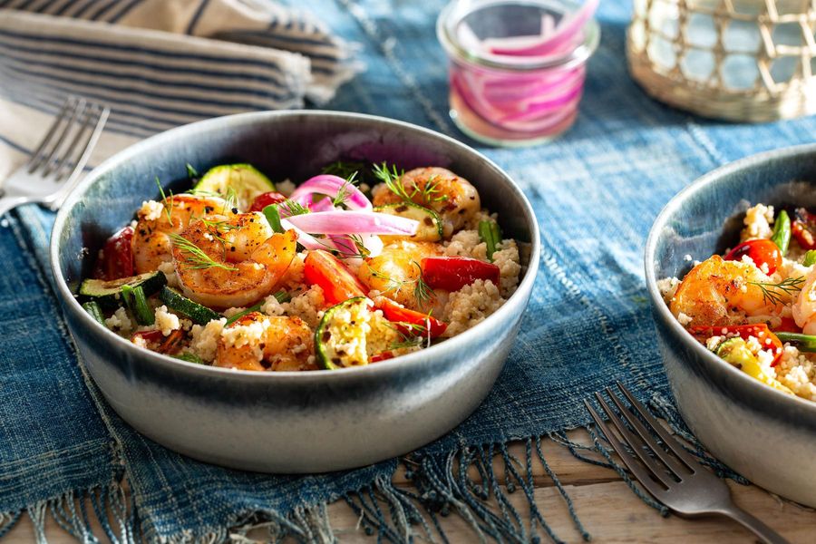 Lemony shrimp and couscous salad with warm vegetables