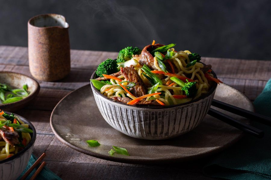 Mongolian beef and vegetable stir-fry with fresh ramen