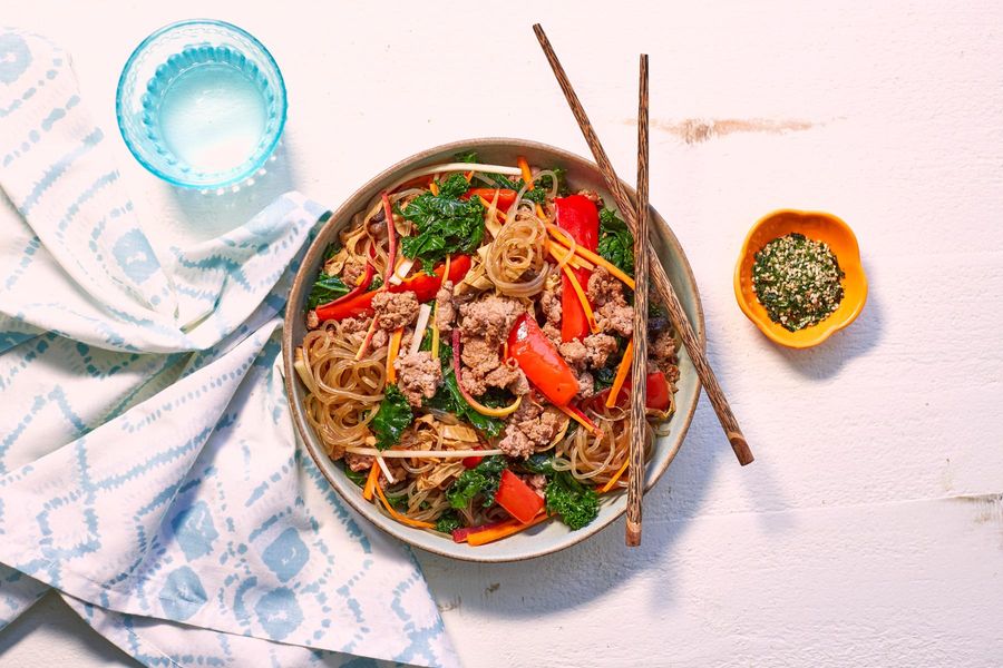 Korean turkey japchae with glass noodles, kale, and mushrooms