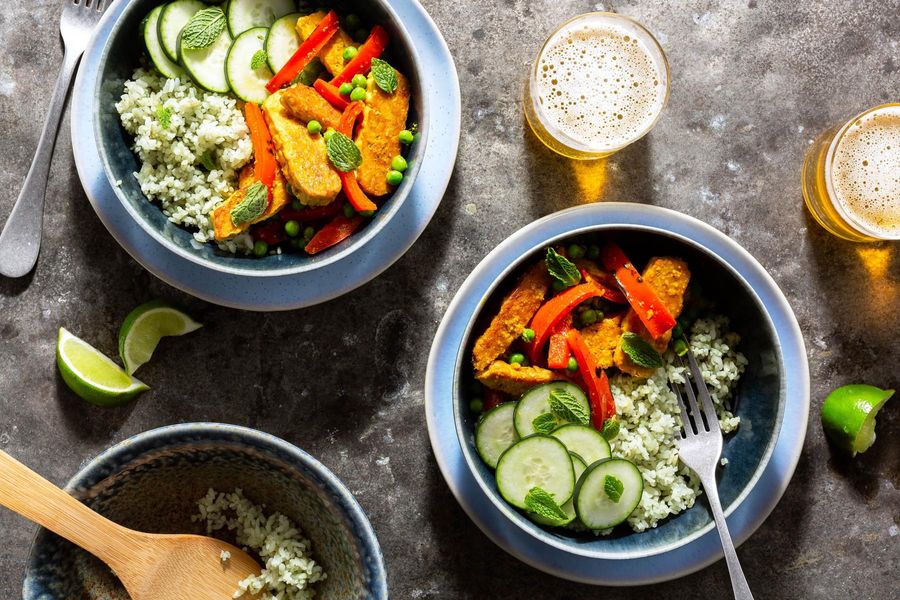 Madras curry bowls with crispy tempeh and cucumber