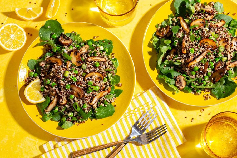 Triple-mushroom quinoa with watercress, scallions, and peas