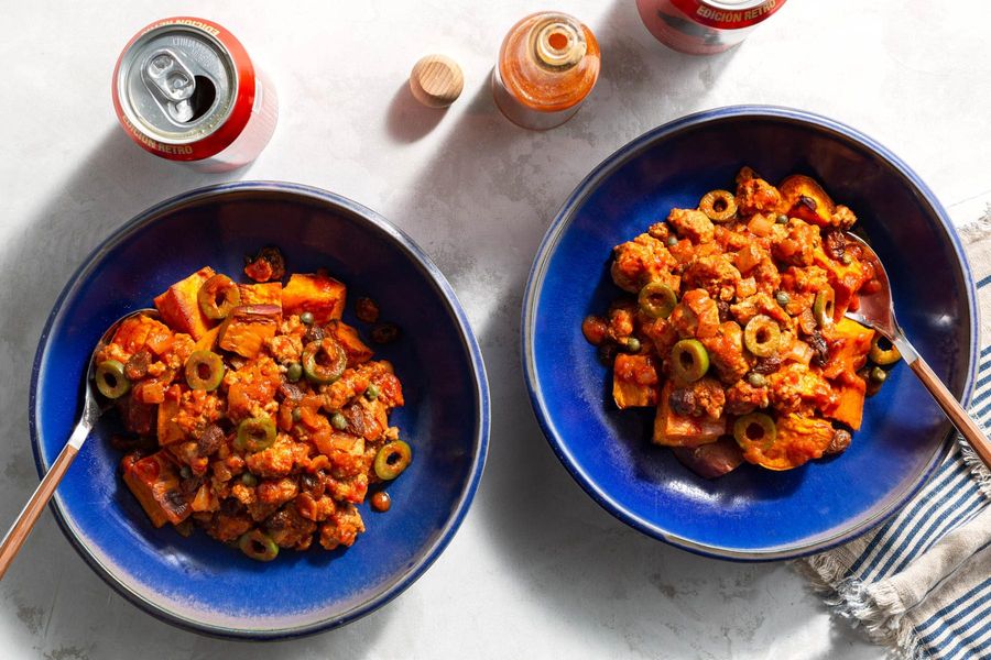 Turkey picadillo with roasted sweet potato