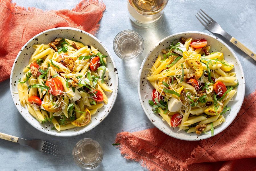 Penne with yellow squash, tomatoes, and fresh mozzarella