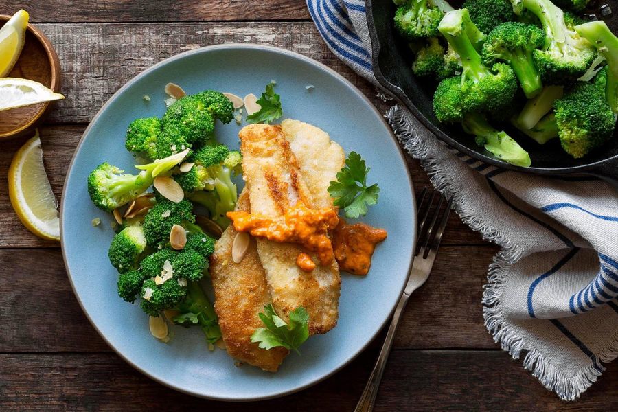 Almond-crusted sole with broccoli and preserved lemon