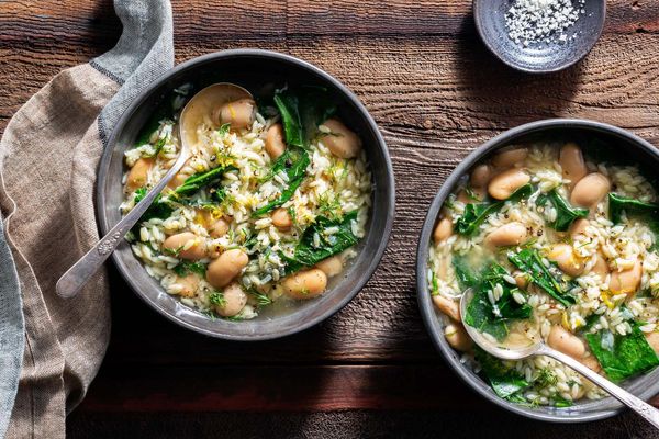 Avgolemono soup with orzo, butter beans, and fresh dill