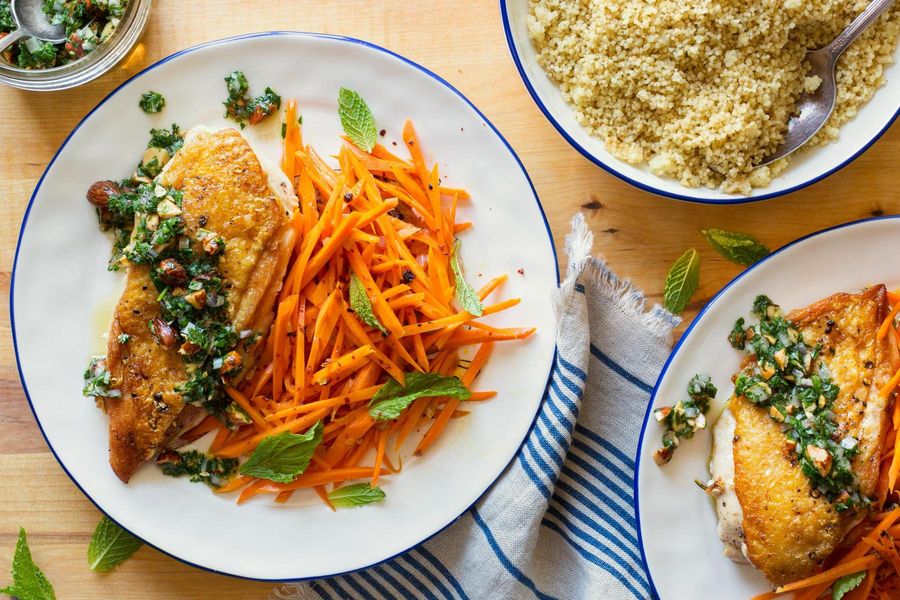 Pan-seared chicken and carrots with mint pesto and couscous