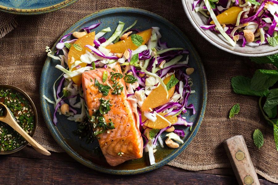 Salmon with chile-lime sauce and citrus-cabbage slaw