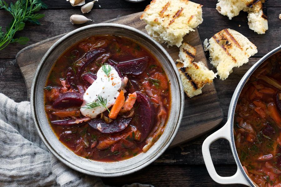 Beet and cabbage borscht with grilled ciabatta