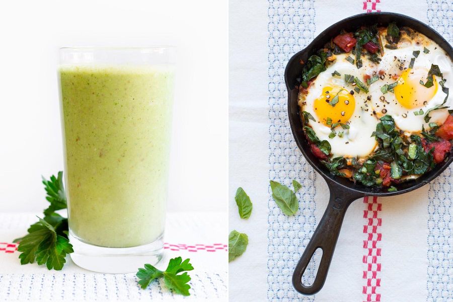 Two Breakfasts: Mango-parsley smoothies & Skillet-baked eggs with chard and basil