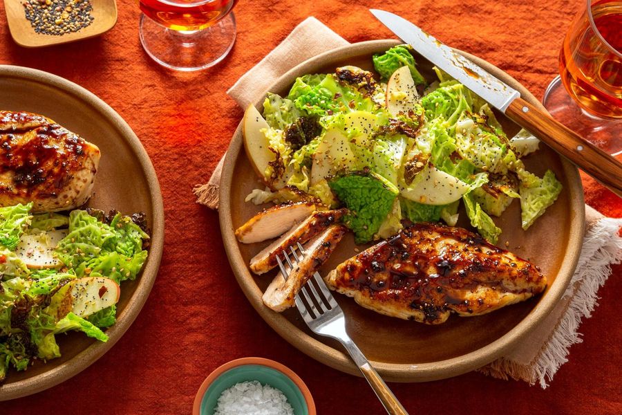 Honey-balsamic glazed chicken with warm cabbage–apple salad