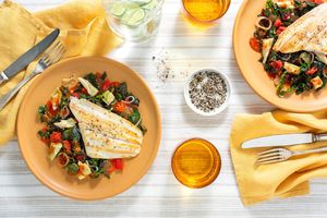 Pan-cooked sole with braised chard, artichokes, and tomatoes