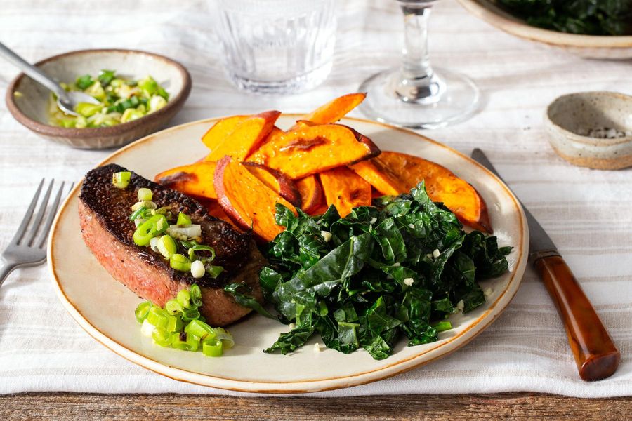 Steak and roasted sweet potato with scallion-ginger relish